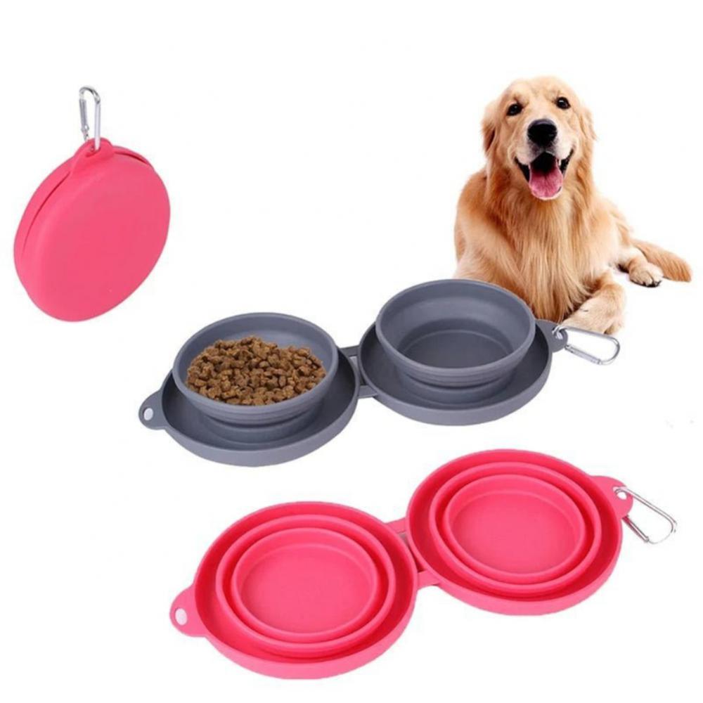 Collapsible Double Pet Bowl - Portable Silicone Travel Food & Water Bowls with Mat