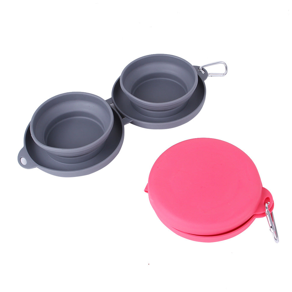 Collapsible Double Pet Bowl - Portable Silicone Travel Food & Water Bowls with Mat