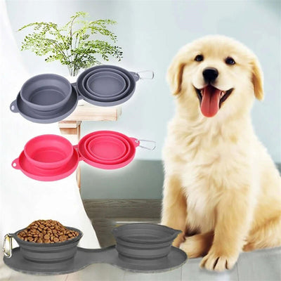 Collapsible Double Pet Bowl - Portable Silicone Travel Food & Water Bowls with Mat