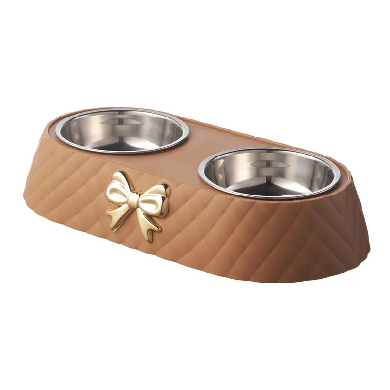 Bow-Tie Double Pet Bowl - Stainless Steel Food & Water Bowls for Cats & Dogs