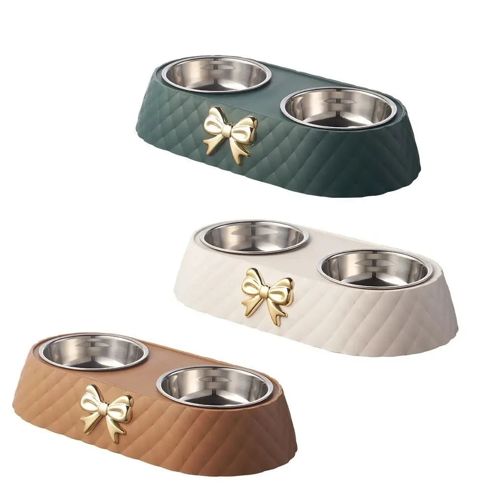 Bow-Tie Double Pet Bowl - Stainless Steel Food & Water Bowls for Cats & Dogs