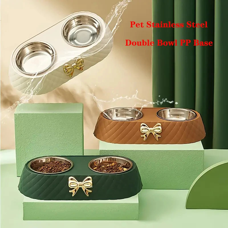 Bow-Tie Double Pet Bowl - Stainless Steel Food & Water Bowls for Cats & Dogs