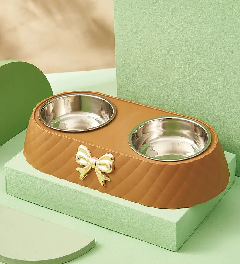 Bow-Tie Double Pet Bowl - Stainless Steel Food & Water Bowls for Cats & Dogs