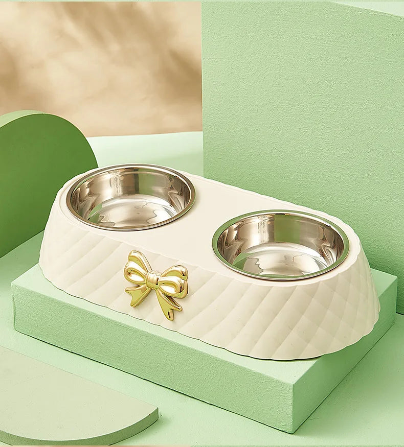Bow-Tie Double Pet Bowl - Stainless Steel Food & Water Bowls for Cats & Dogs