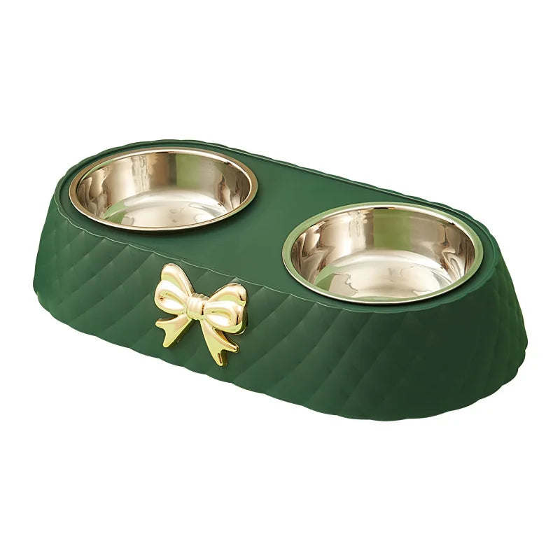 Bow-Tie Double Pet Bowl - Stainless Steel Food & Water Bowls for Cats & Dogs