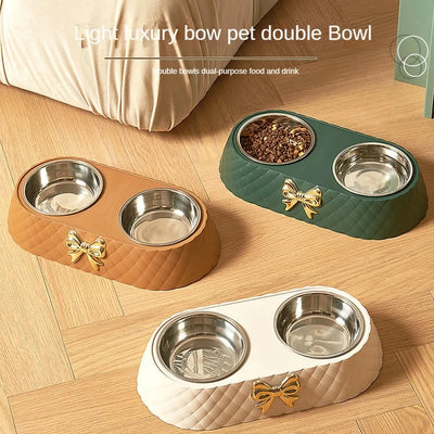 Bow-Tie Double Pet Bowl - Stainless Steel Food & Water Bowls for Cats & Dogs