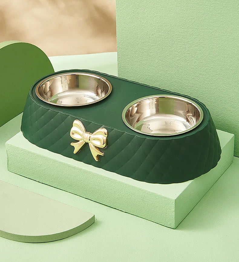 Bow-Tie Double Pet Bowl - Stainless Steel Food & Water Bowls for Cats & Dogs