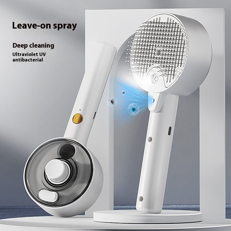 White handheld cleaning device with spray nozzle and ultraviolet light on a gray background