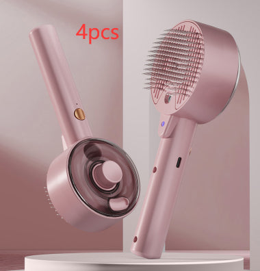 Pink hair dryer and brush set on a light pink background with '4pcs' text.