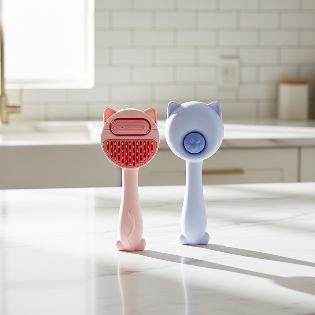 Two cleaning combs with water tanks on a pink background, one pink and one white with cat ears.