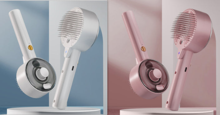 Two handheld hairbrushes, one white and one pink, on a gradient background.