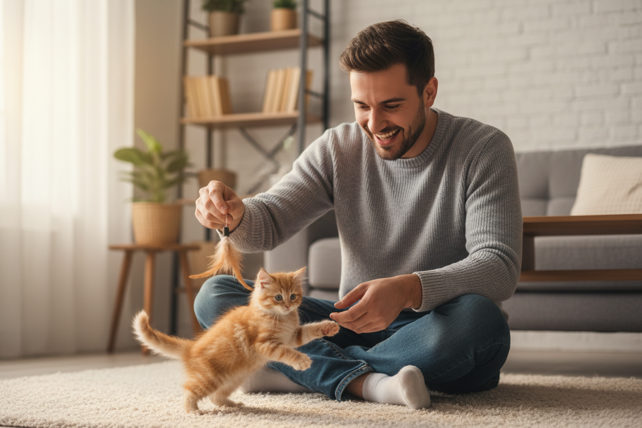 Man playing with adorable kitten