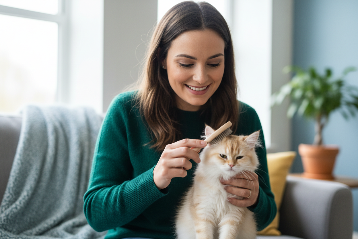 Woman grooming a kitten