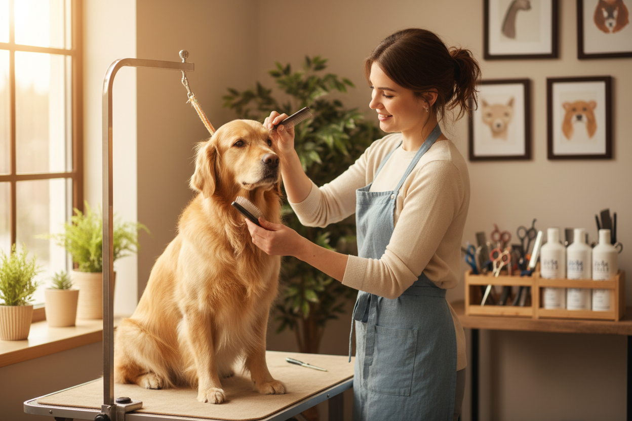 Woman styling dog's hair